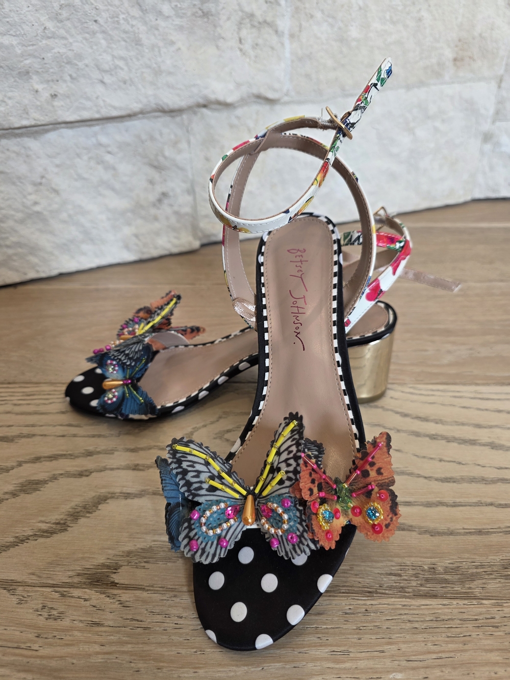 Betsey Johnson Black Polka Dot Butterfly Ankle-Strap Low Heel